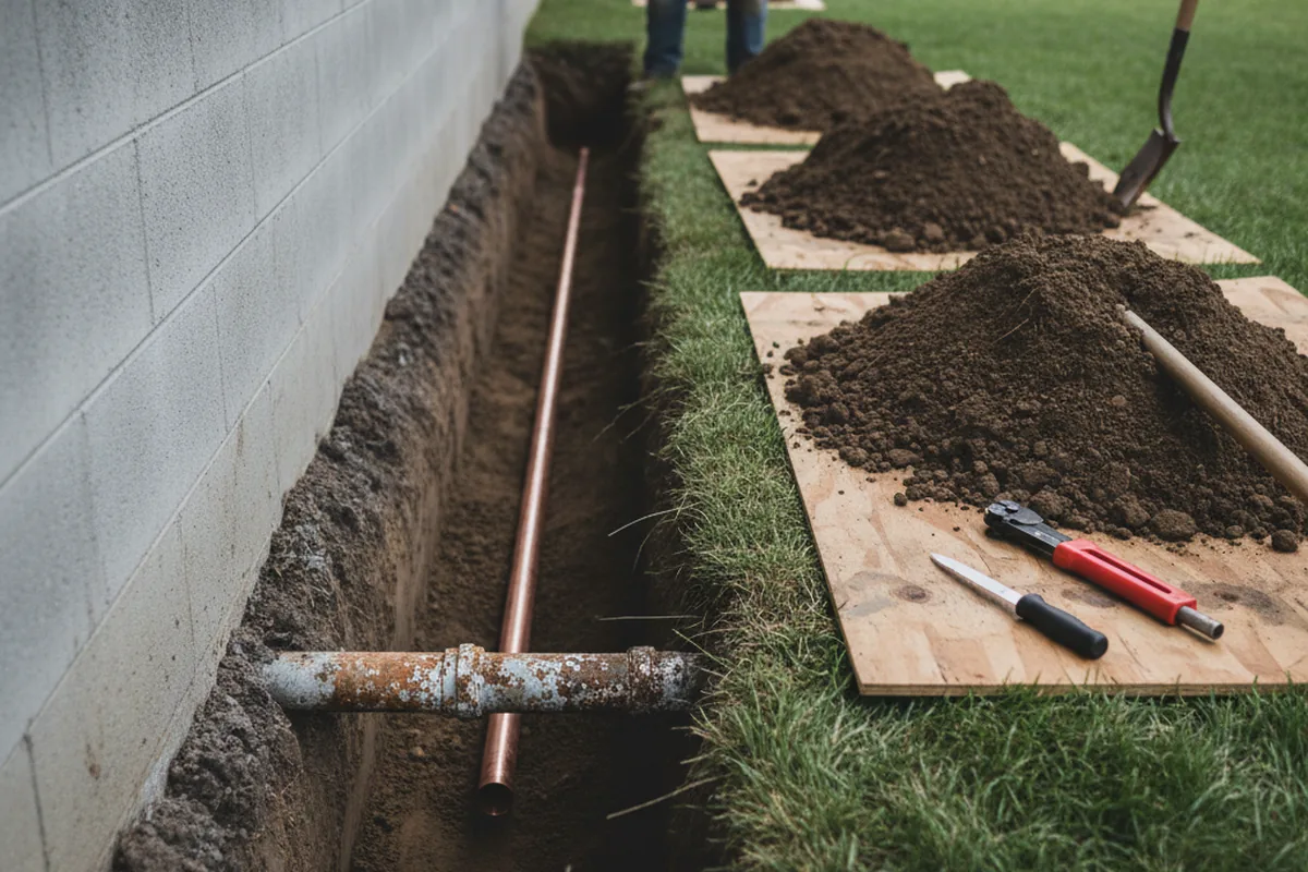 Excavated water line trench during Water Softener Installation in Neville